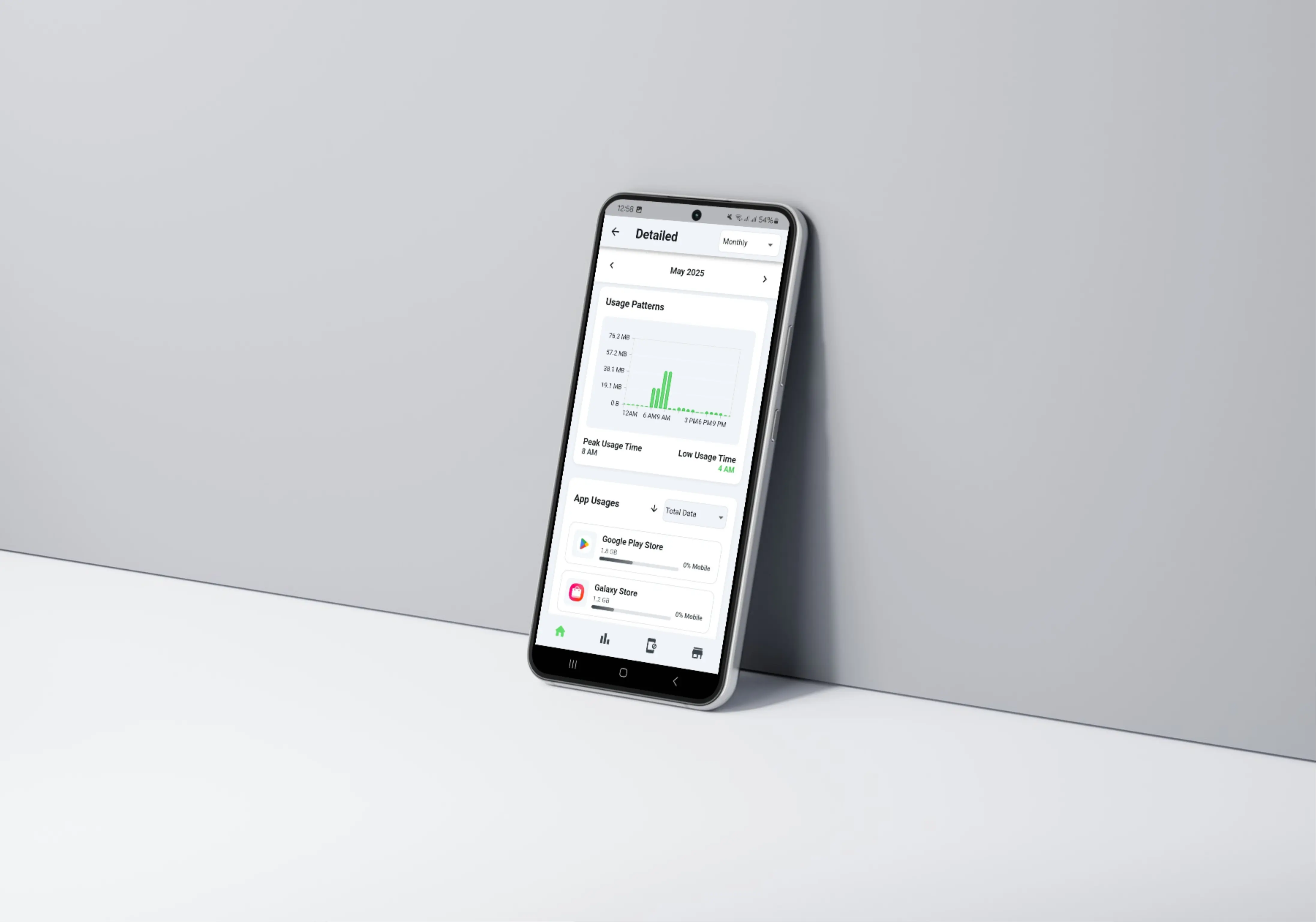 DataFlow mobile app showing the users data usage for the month at different times on a smartphone