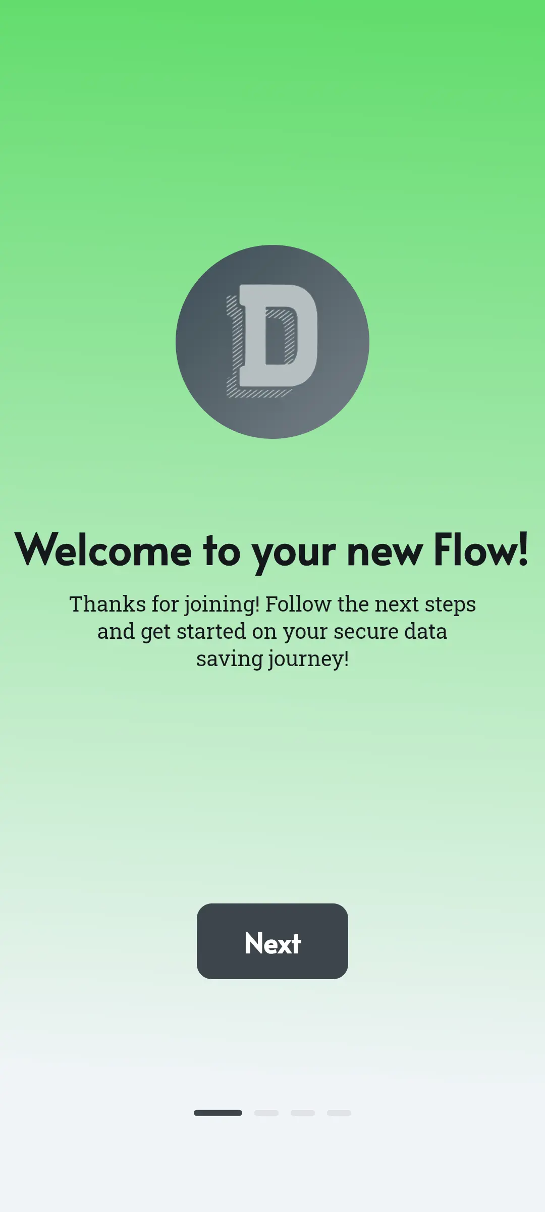 DataFlow app onboarding screen showing initial greeting before the setup process